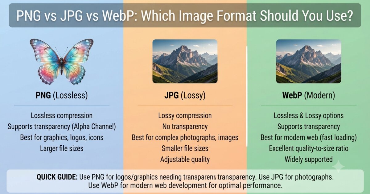PNG is lossless and supports transparency, best for logos and graphics. JPG is lossy with smaller files, best for photographs. WebP does both, supports transparency and animation, and is smallest of the three.