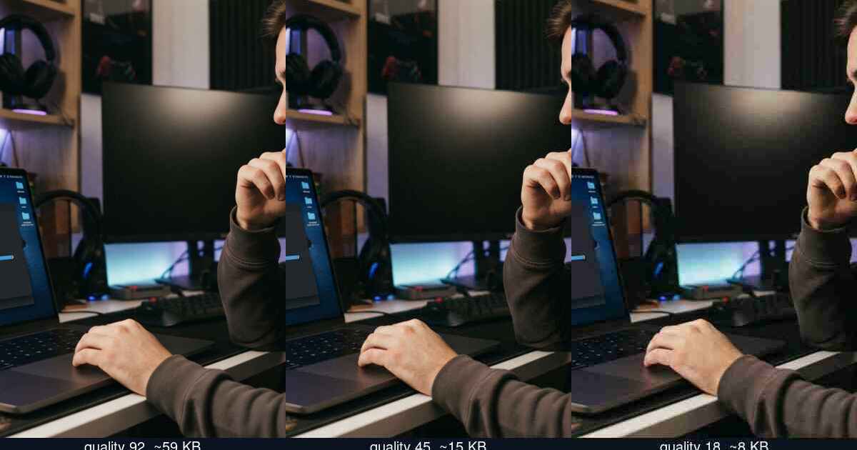 The same photograph saved at three JPEG quality levels. The difference between 92 and 45 is hard to see at a glance; at 18 the gradients band and fine detail smears — and the file is barely smaller than 45.